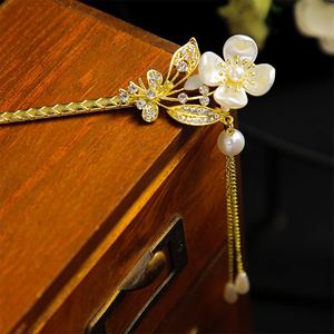 Horquilla de pelo vintage china con flor de perla y loto metálico, elegante para cola de caballo, con una sola pinza, adorno de moda para el cabello - Product Image 4