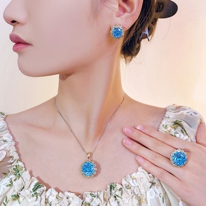 Elegant Eco-friendly Copper Two Tone Flower Jewelry <b>Set</b> 16-10mm Blue Rose Cut Cubic Zirconia Double-color Floral Jewelry <b>Set</b> - Product Image 5