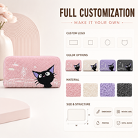 Dompet Wanita Motif Kucing Bordir Chenille, Resleting, Bahan Lembut, Lucu, Warna Pink, Dompet Kartu dan Uang Koin