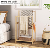 Support mural en bambou naturel à 2 niveaux, écologique, pour l'affichage de couettes, porte-serviettes, porte-couvertures, double rangement, étagère en bois