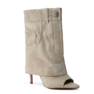 Botines de Mujer con Punta Abierta en Piel Texturizada Beige, con Tacón Alto y Detalle de Mezclilla, <span class=keywords><strong>Botas</strong></span> Modernas y Elegantes - Product Image 6