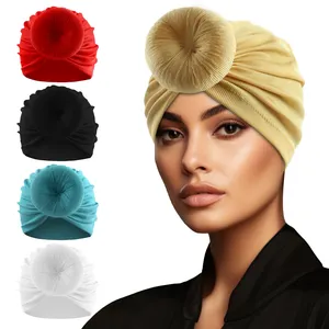 Toptan moda kadın kızlar türban şapka önceden bağlı Donut düz renk Bandana şapka müslüman pamuk türban moda çiçek Headwrap