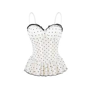 Camisola sexy de nailon con encaje de puntos polares y cuello en V, diseño de hebilla en tela dobby, almohadilla en el pecho, cintura con varillas y dobladillo esponjoso para mujer - Product Image 4