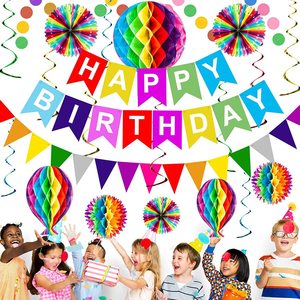 Set de Decoración para Fiesta de Cumpleaños: Pancarta de Feliz Cumpleaños, Guirnalda de Banderines de Papel Coloridos, Serpentinas en Espiral, Bolas de Papel de Nido de Abeja - Product Image 1
