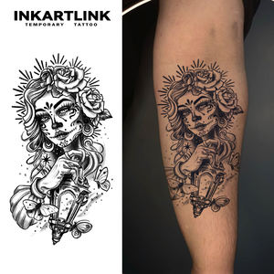 INKARTLINK Pegatina de tatuaje para el cuerpo, diseño de calavera de azúcar y rosa, impermeable, ecológica, de larga duración (15 días), a granel - Product Image 1