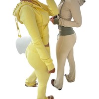 Ensemble décontracté deux pièces pour femme, mode hiver : sweat à capuche zippé à manches longues et pantalon de jogging à motif uni – Vente en gros disponible