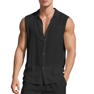 Chemise sans manches en lin pour homme, coupe ample et décontractée, idéale pour la plage, en tissu fin de lin, blanche, pour l'été, modèle transfrontalier - Product Image 6