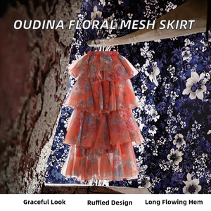 OUDINA Nueva Falda Larga Estampada de Estilo Occidental con Bordado Dulce, Cintura Imperio Elegante, Volantes y Malla Transpirable para Mujer - Product Image 2
