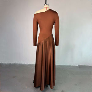 Manches longues femmes col oblique fuites épaule Patchwork irrégulière longues robes mode fête robe trapèze - Product Image 5