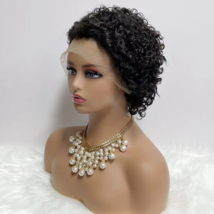 Pelucas delanteras de encaje Cabello humano Pixie Bob Listo para enviar Cutícula transparente corta brasileña Alineada Cabello brasileño Encaje suizo 8" - Product Image 1