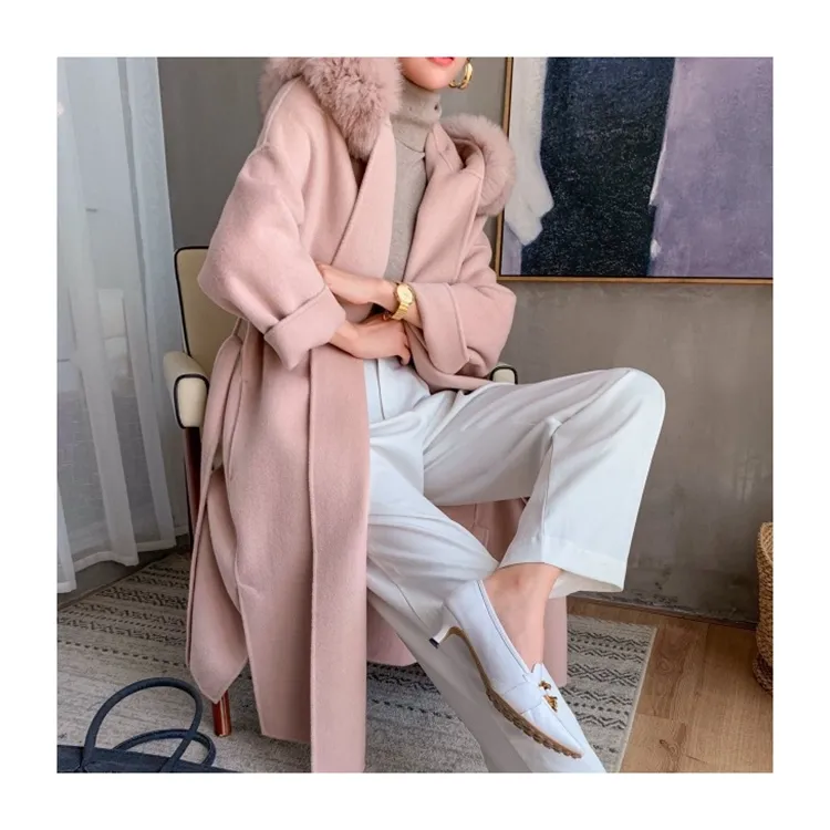 Elegant light pink fur trim hooded cashmere jacket trench belt long winter wool women over coat