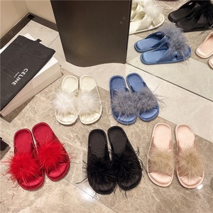 QuiteS New Arrival Summer Home <strong>Slippers</strong> <strong>with</strong> FUR <strong>Feather</strong> Bridesmaids Brides Slip-Ons Soft Non-Slip Red Flat <strong>Slippers</strong> for Wedding - Product Image 3