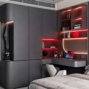 Customizable Minimalist Modern Wood <b>Bedroom</b> Set with Wardrobe and <b>Desk</b> Featuring Storage <b>for</b> Apartment - Product Image 1