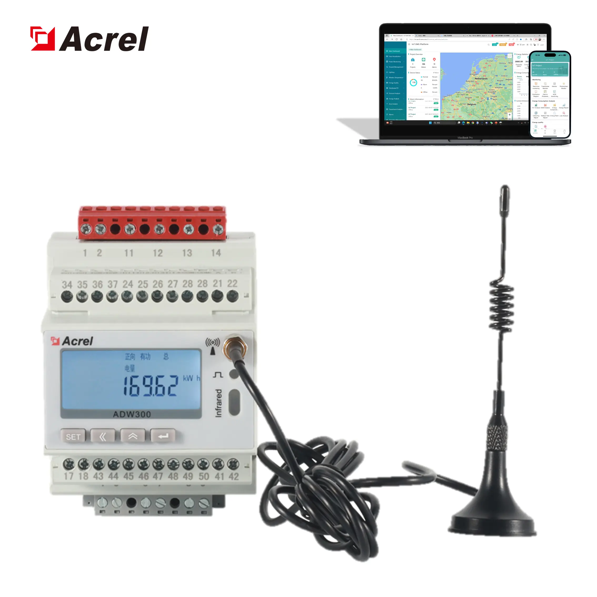 Enerji tüketimi ölçümü için Acrel ADW300-4GHW AC üç fazlı kablosuz 4G iletişim enerji ölçer