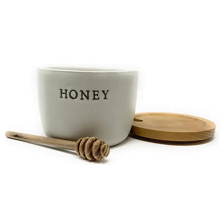 セラミック蜂蜜ポットStoneware Honey PotとAcacia Wood DipperとLidによるHearthとHandとMagnolia (Standardバージョン)