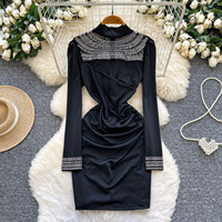 Robe Courte Décontractée WIWT pour Femme, Élégante, à Col Montant, Manches Longues, Décorée de Strass, Froncée, Moulante, Idéale pour les Fêtes et le Quotidien