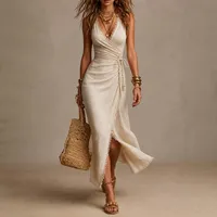 Robe sans manches à col en V, coupe ajustée, en polyester, pour les occasions décontractées d'été, disponible en plusieurs couleurs et tailles