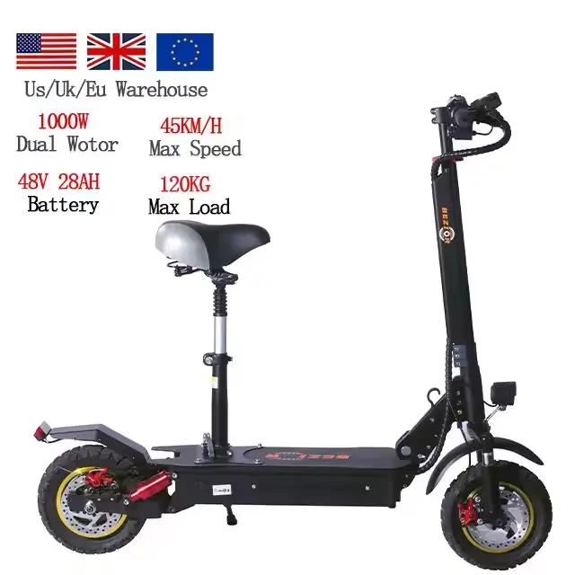 Venda quente Bezior S1 10 polegadas 48V 1000W Freio a disco de alta potência e Scooter elétrica com motor duplo Scooters elétricos