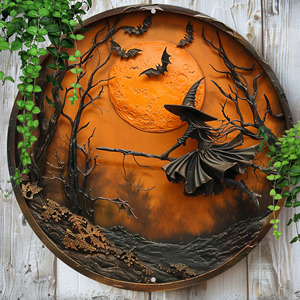 Halloween round wooden hanging ornaments, festive party atmosphere <b>wall</b> <b>decorations</b>, scary <b>decorations</b> for living room. - Product Image 1