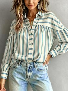 Nueva Blusa de Mujer Otoño 2026 con Cuello Solapa a Rayas, Manga Larga, Ajuste Holgado, Estiliza, Casual Diaria, con Botones - Product Image 1
