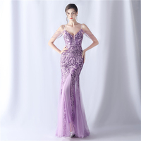 Robe de soirée haut de gamme en maille pailletée de haute qualité pour femmes, élégante, col en V, robe de bal en queue de poisson avec pompon, banquet exquis.