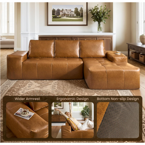 Canapé modulaire en forme de L, sectionnel, en similicuir marron, sans structure, avec chaise longue et assise profonde, style villa moderne, écologique, effet nuage - Product Image 4
