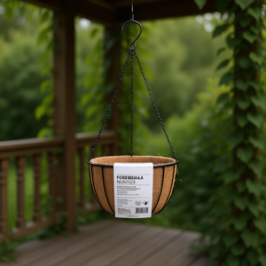 Jardinière suspendue ronde en acier avec fibres de coco, revêtement noir en poudre, panier de jardin extérieur - Product Image 2