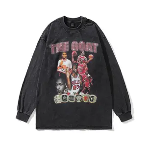 Heavy Cotton Oversized Basketball All Stars Printing Acid Wash Vintage Long Sleeve Round Neck Sweatshirts