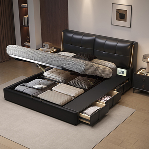 <span class=keywords><strong>Lit</strong></span> double italien en cuir noir pour chambre principale, avec rangement coulissant à pression d'air, éclairage intégré et sacs souples, pour la maison - Product Image 2