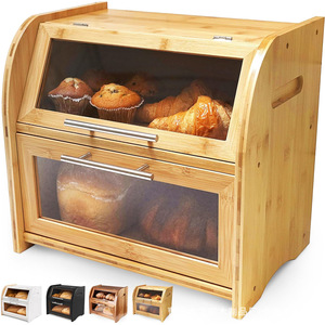 Boîte à pain double couche en bois pour le petit-déjeuner, organisateur de comptoir de cuisine avec porte en verre et poignée - Product Image 3