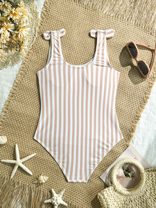 Traje <span class=keywords><strong>de</strong></span> Baño <span class=keywords><strong>de</strong></span> Una Pieza para Niñas, con Tirantes y Lazo, Rayas Rosa y Blanco, Estilo Dulce - Product Image 1
