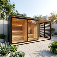 Sauna extérieur trois-en-un : douche, pavillon lounge et baignoire eau chaude/froide, grande sauna.