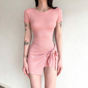 Vestido Mini con Cintura Ajustable para Mujer, Manga Corta, Color Sólido, Verano, Casual, Moda - Product Image 5