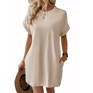 Nouvelle Collection Printemps/Été – Robe Décontractée Ample à Col Rond et Manches Chauve-Souris Unie pour Femme, en Polyester et Spandex, Coupe Trapèze, avec Poches (ODM) - Product Image 4
