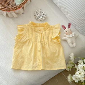 Girls' Summer Cotton Pleated Top With Ruffle Sleeve Solid Color Children's Blouse For Kids - Product Image 3