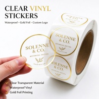 Étiquette adhésive transparente en vinyle imperméable avec logo personnalisé, cercle doré, rouleau d'autocollants transparents avec logo