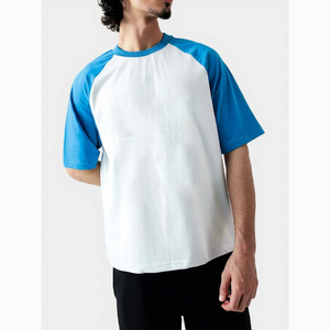 Camiseta de Manga Raglán Blanca y Azul para Hombre, Informal, de Algodón, Cuello Redondo, Corte Regular, Diseño de Bloques de Color Sólido, Premium, Dos Tonos - Product Image 1