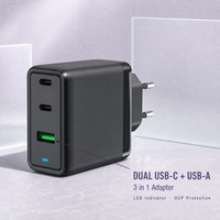 Adaptateur secteur USB-C 3 ports sécurisé avec protection OCP, boîtier ABS noir, chargeur mural pour plusieurs appareils