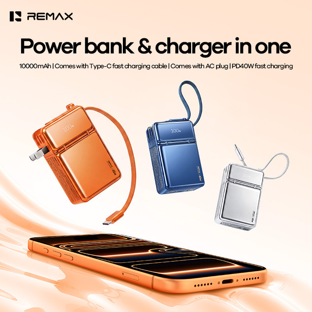 REMAX 10000mAh Wall Plug Power Bank & Charger Built-in Type-C Cable PD40W Fast Charging Foldable AC Plug LED Display Power Banks
