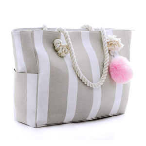 Women's Custom Large Eco-Friendly <b>Canvas</b> <b>Beach</b> Bag Zipper Closure Blue White Stripe Design for Summer Personalised Shopping Tote - Product Image 2