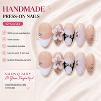 Faux ongles press-on amande rose nude et blanc, faits main, avec fleurs 3D, perles et strass, style French Manucure, personnalisables avec LOGO, vente en gros