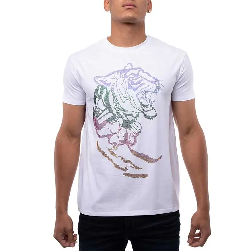 Classic Luxury Rainbow Tiger Rhinestone Tee Shirt Regular Fit Graphic T Shirts For Men