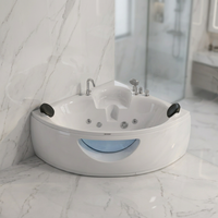 Baignoire de massage double en acrylique en forme d'éventail, confortable, pour salle de bain de villa ou d'hôtel, avec verre incurvé et appui-tête