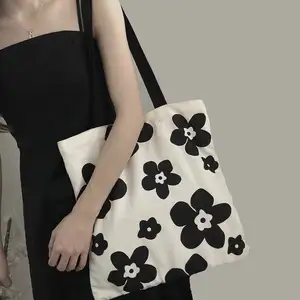 Kawaii süße Studenten große Kapazität Tasche Leinwand Umhängetaschen Einkaufstasche Cartoon schwarze Blume Leinwand Tasche