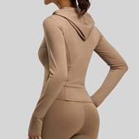 Chaqueta de Yoga con Capucha para Mujer, de Manga Larga, Color Sólido, Ajustada, Elástica, con Cintura Elástica, de Poliéster, Resistente al Viento, para Actividades al Aire Libre