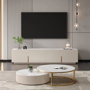 Mobile TV Lungo Stile Minimalista Bianco con Piano in Pietra, Centro Multimediale per Arredo Soggiorno - Product Image 1