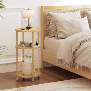 <span class=keywords><strong>Table</strong></span> d'appoint ronde en bambou à 3 niveaux avec station de charge pour chambre et salon, petite <span class=keywords><strong>table</strong></span> d'appoint pour salon - Product Image 3