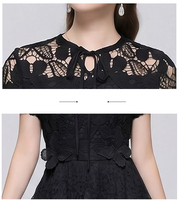 Robe longue élégante noire classique pour femme, col rond, manches courtes, appliqués, unie, en dentelle crochet soluble dans l'eau, idéale pour l'été