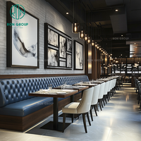 Mobilier commercial Ron Group pour hôtels et restaurants : Banquette en cuir capitonnée, table carrée en bois, chaise ergonomique