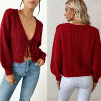 Winter Cross-Border Korea Europa Vereinigte Staaten V-Ausschnitt Neue Schnür-Strickjacke aus Acryl mit Langen Ärmeln Einfarbiger Vintage-Zopfstrick